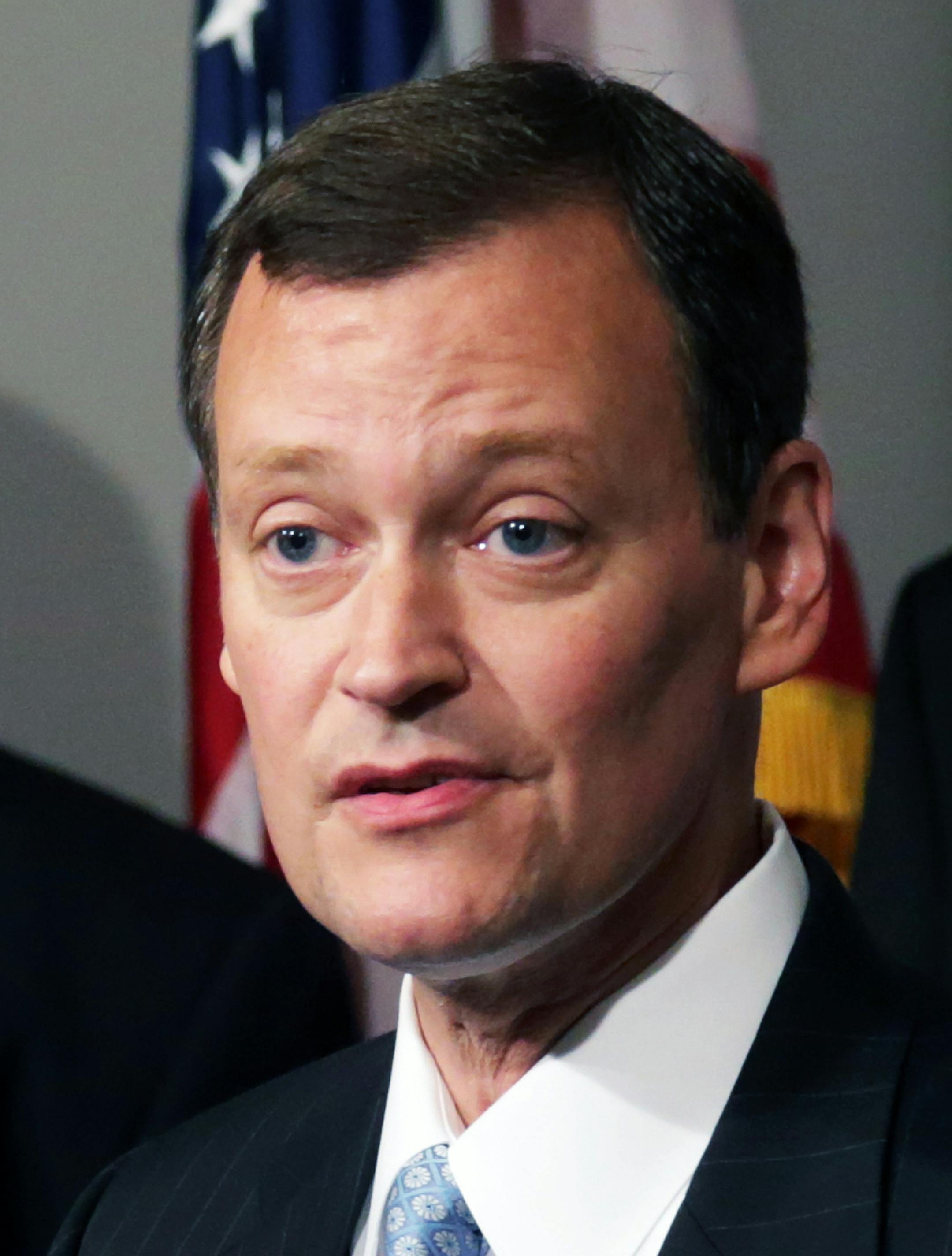 ADVANCE FOR MONDAY SEPT. 15 - In this Aug. 13, 2014 photo, Jeff Johnson, winner of the Republican primary election for governor, addresses the media, in St. Paul, Minn. As Democratic Gov. Mark Dayton campaigns for a new term, his administration is touting early successes and the promise of the programs while his Republican opponent Johnson says they mask deeper problems with the stateís business climate. (AP Photo/Jim Mone)