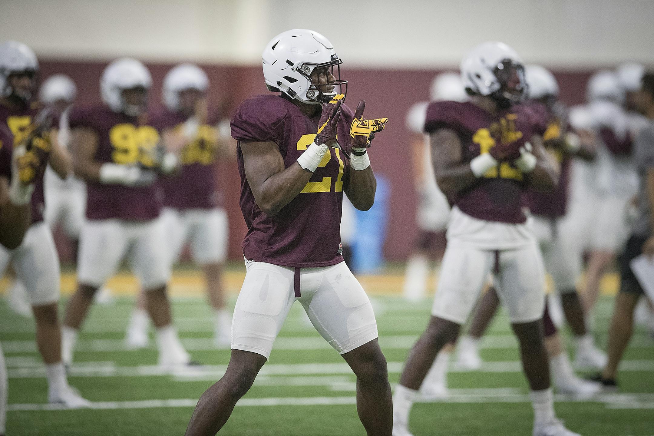 Minnesota's linebacker Kamal Martin took to the field for the first practice that was open to the public at the Athletes Village at the University of Minnesota in Minneapolis, MN.