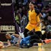 Minnesota Lynx guard Renee Montgomery (21) loses the ball while defended by Los Angeles Sparks guard Odyssey Sims (1) in the fourth quarterduring Game