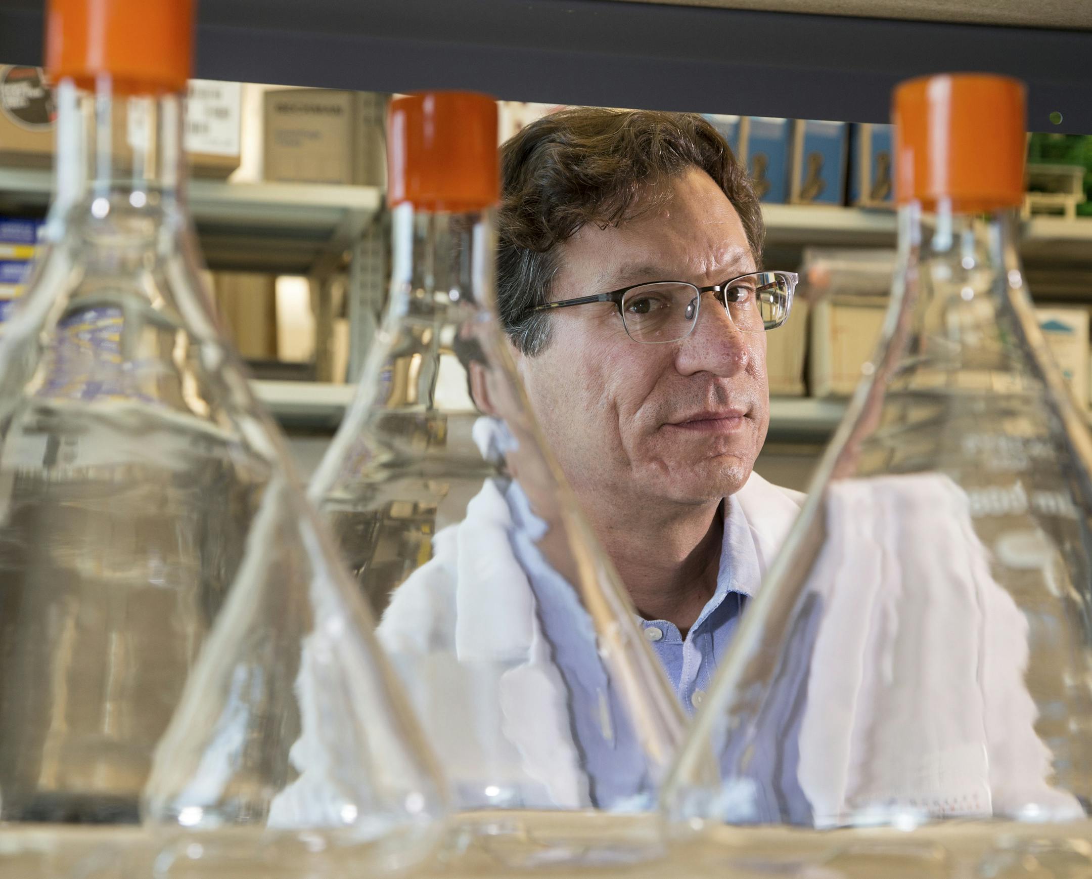 Dr. Michael Farzan, an immunologist at Scripps Research Institute who helped develop an artificial antibody that inactivated HIV in animal trials, in Jupiter, Fla., Feb. 18, 2015. The treatment is not a vaccine in the ordinary sense -- it delivers synthetic genes into the muscles of the monkeys, essentially re-engineering the animals to resist disease. (Benjamin Rusnak/The New York Times) ORG XMIT: XNYT86