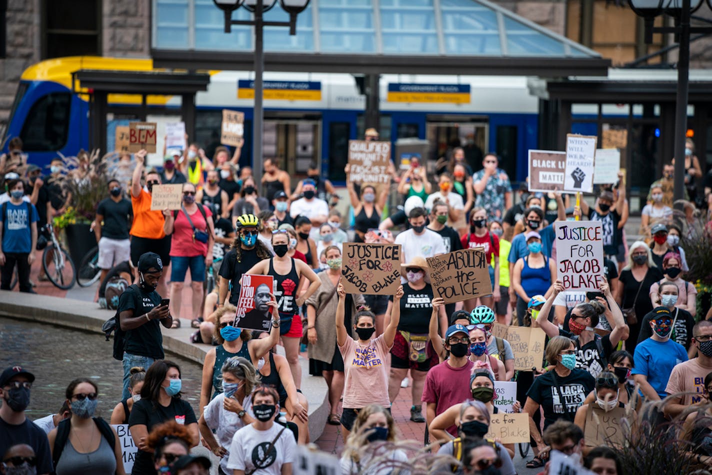 Protesters in front of the Hennepin County Government Center on Aug. 24. Protesters had taken to the streets that evening after Jacob Blake, who is Black, was fatally shot by Kenosha, Wis., police the previous day.