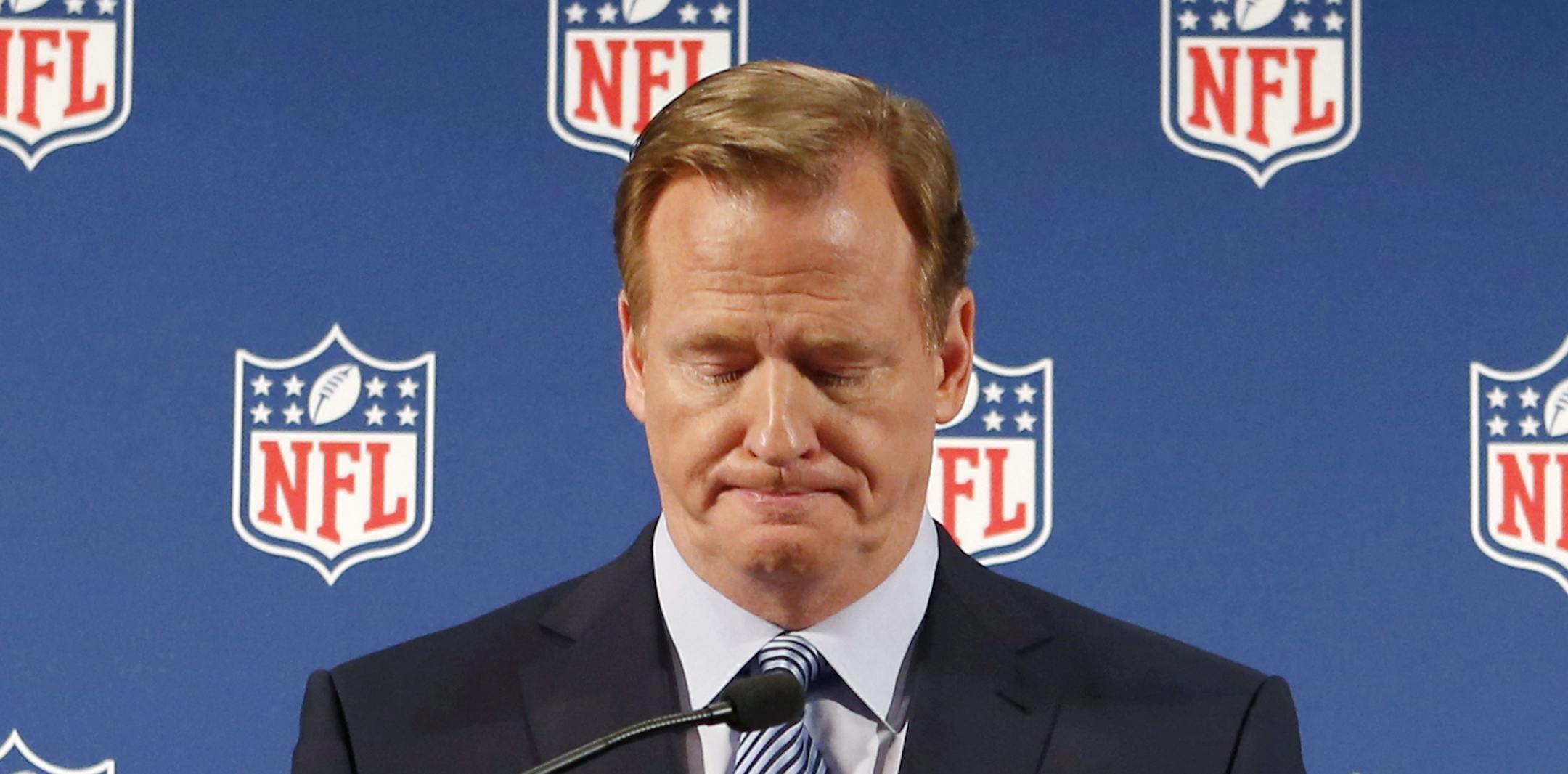 FILE - In this Sept. 19, 2014, file photo, NFL Commissioner Roger Goodell pauses as he speaks during a news conference in New York. A video of Ray Rice striking his fiancee in an elevator set off a crisis for America's most profitable professional sports league and created a national debate about what leagues should do when a player is accused of violence. (AP Photo/Jason DeCrow, File) ORG XMIT: MIN2015010220124605