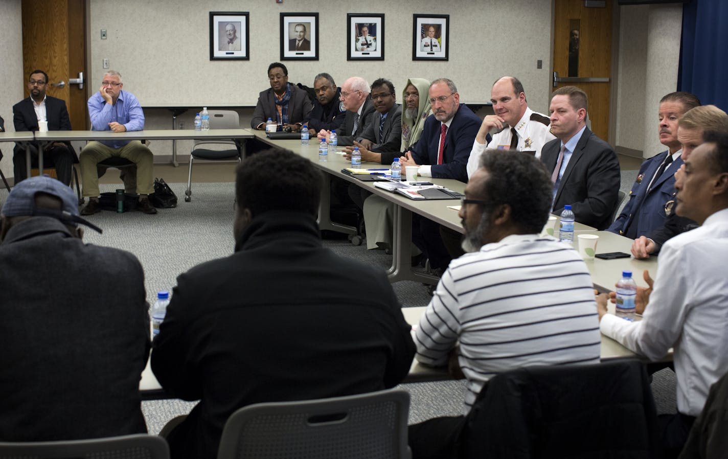 Federal, state and local law enforcement leaders met with local imams and Muslim community leaders in light of this week's attacks in Brussels at the Hennepin County Safety Center on Thursday, March 24, 2016, in Minneapolis, Minn. ] RENEE JONES SCHNEIDER &#x2022; reneejones@startribune.com Federal, state and local law enforcement leaders met with local imams and Muslim community leaders in light of this week's attacks in Brussels and heightened security.