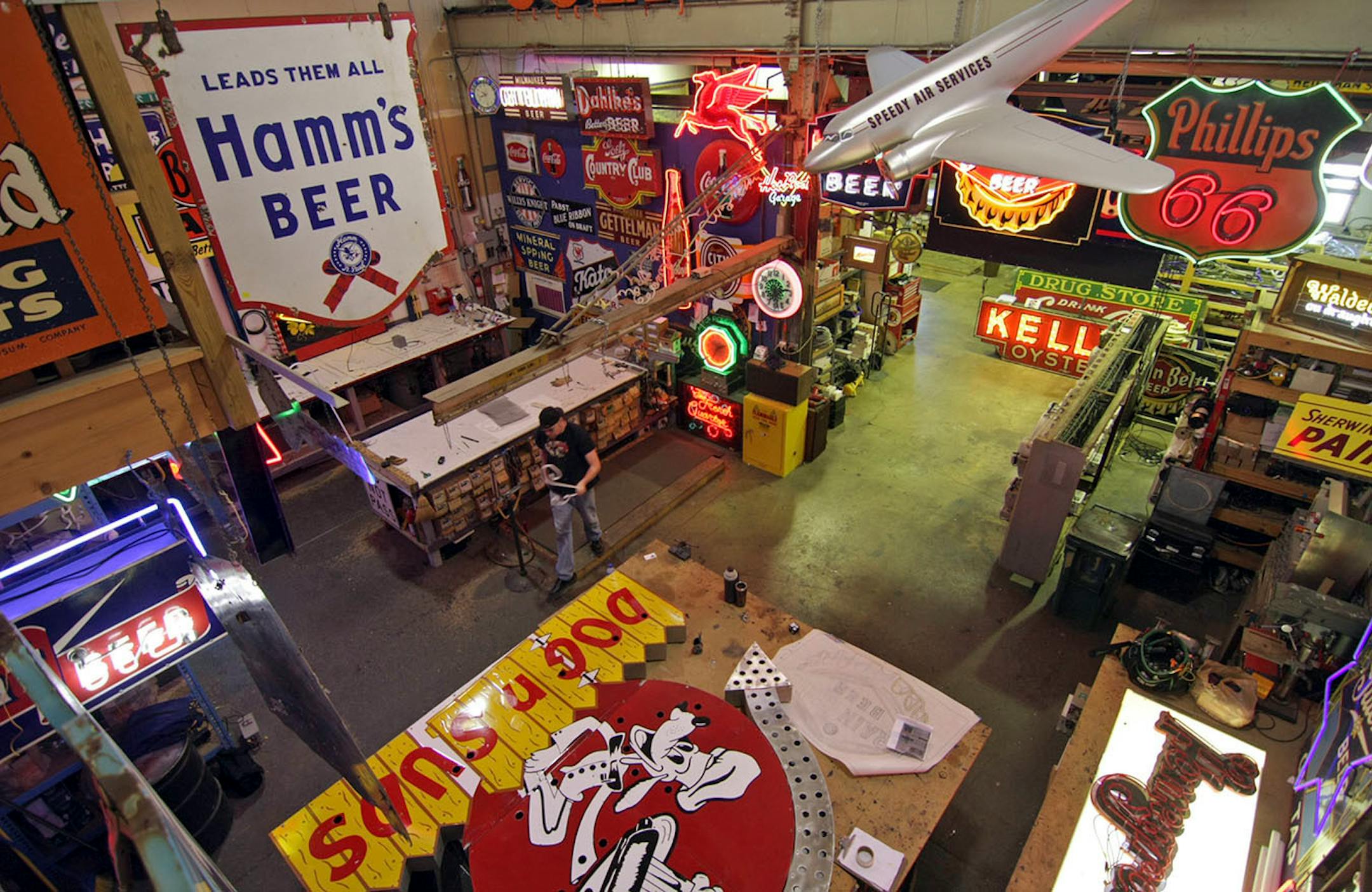 Syline Neon i s located in a former manufacturing building in NE Minneapolis, Matt Thompson has managed to fill every inch of the two story open space with vintage signs.