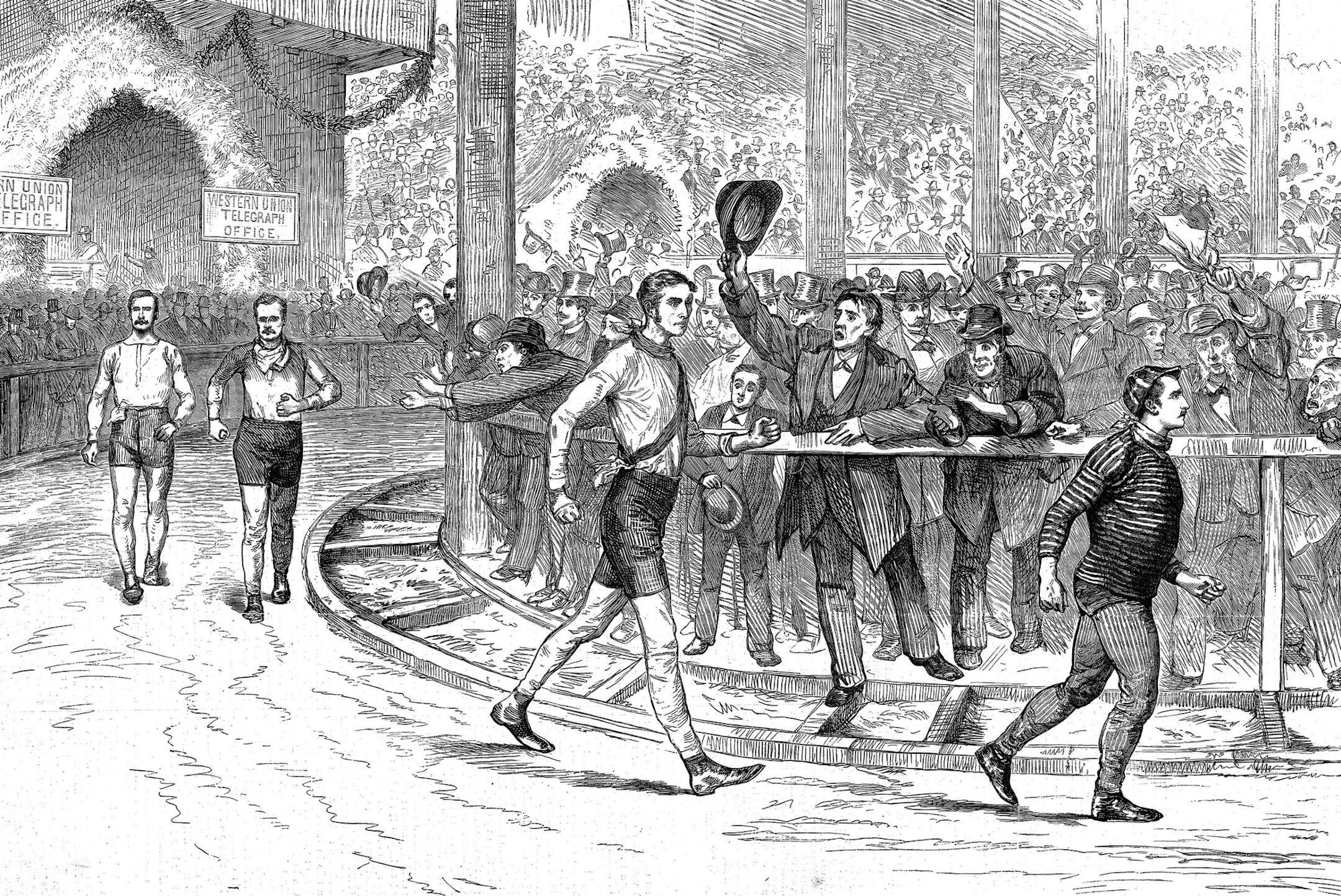 This illustration depicts a walking match at the original Madison Square Garden in New York in 1879. The success of the New York matches inspired James Kernan to stage a series of races in Washington, D.C. Illustrates WALKING (category l), by Matthew Algeo, special to The Washington Post. Moved Friday, March 27, 2015. (MUST CREDIT: Library of Congress.)