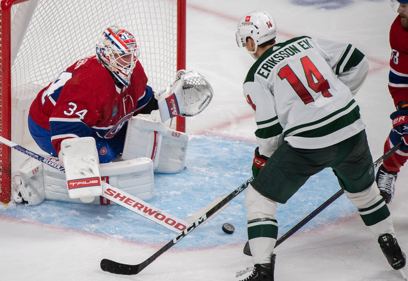 Joel Eriksson Ek scored two goals Tuesday night in Montreal, helping the Wild to a victory.