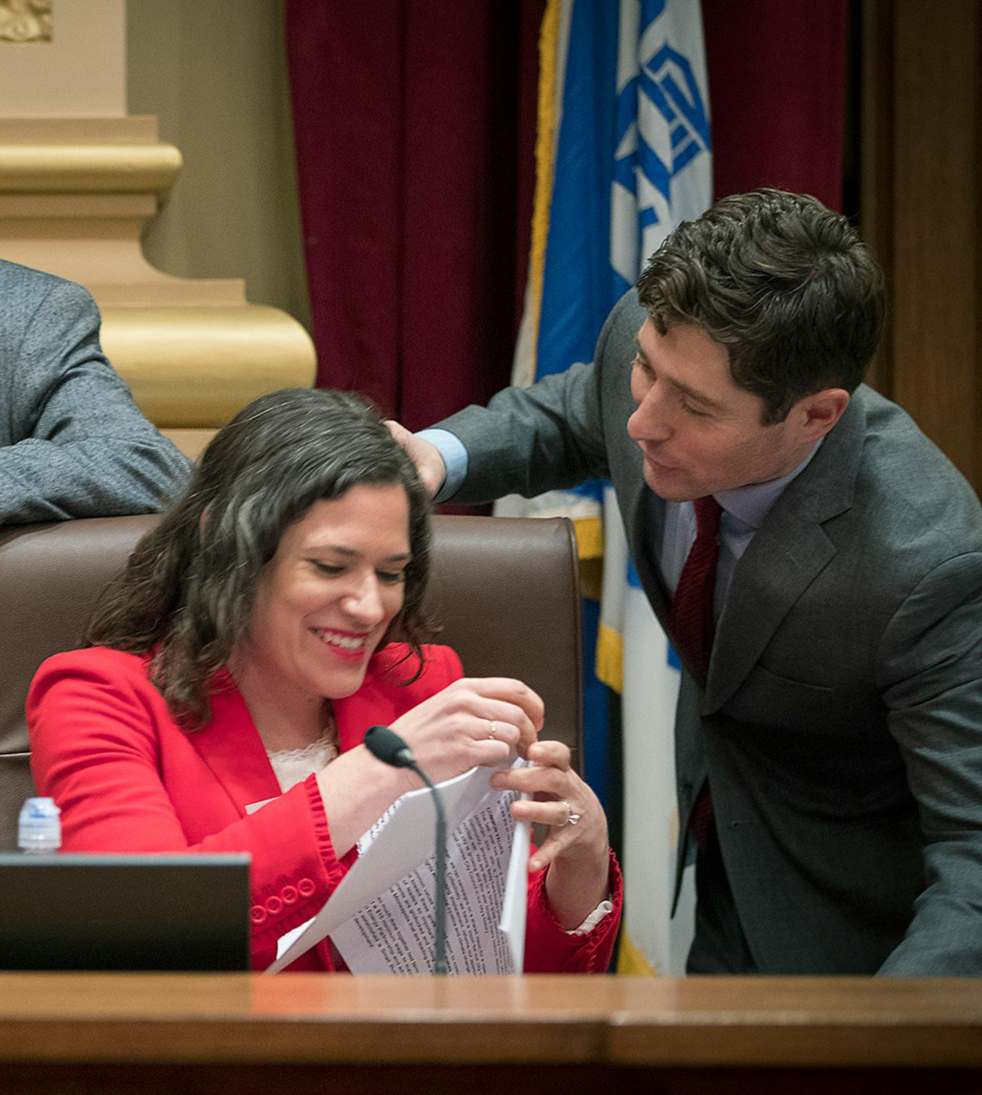 Minneapolis City Council's newest president Lisa Bender was congratulated by Mayor Jacob Frey before the first City Council meeting of the year, Monday, January 8, 2018 in Minneapolis, MN. ] ELIZABETH FLORES • liz.flores@startribune.com ORG XMIT: MIN1801081415221205