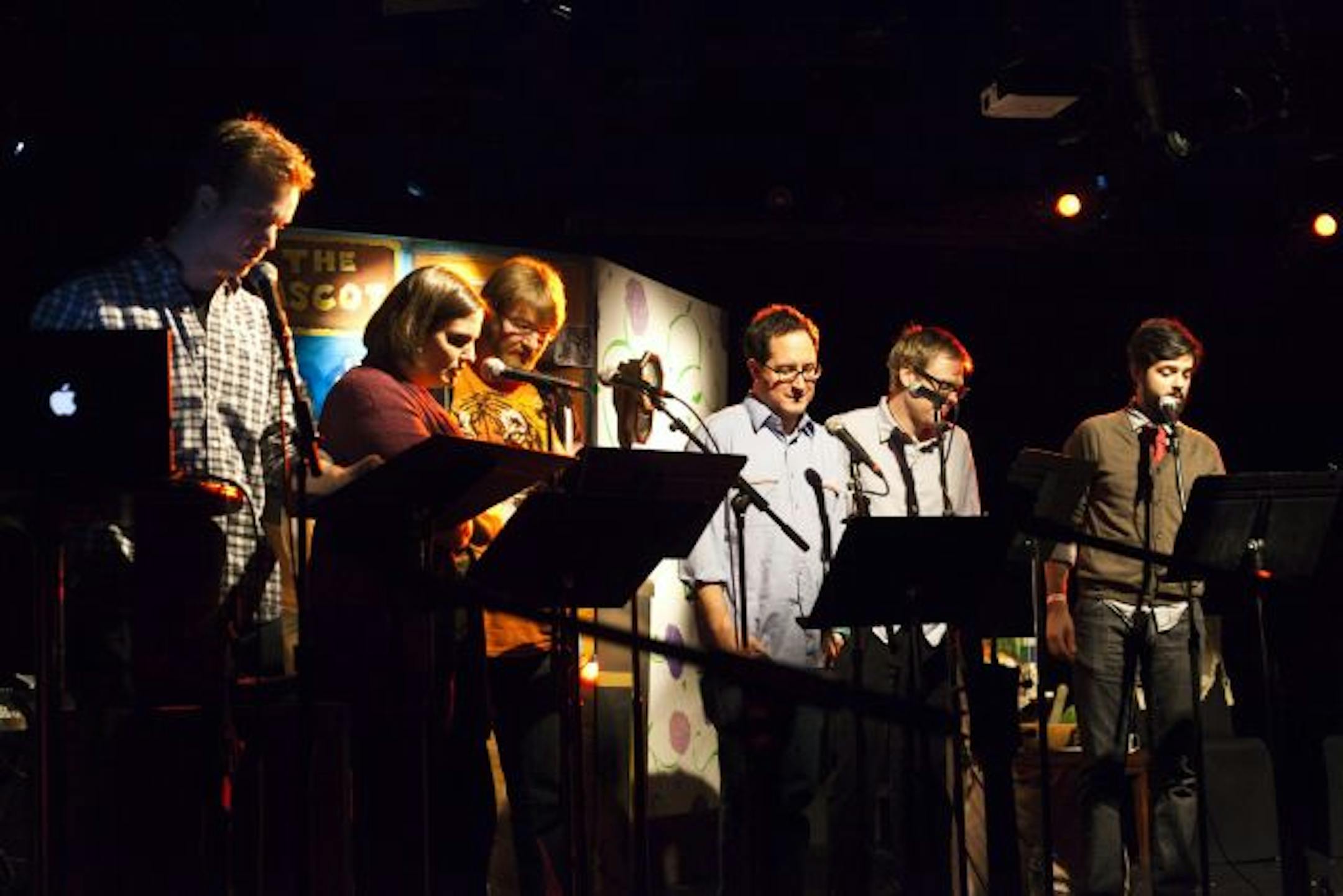 "Radio Happy Hour" show in New York (left to right): Matt Skibiak, Robin Reed, Chuck Klosterman, Craig Finn, Tad Kubler, Sam Osterhout.