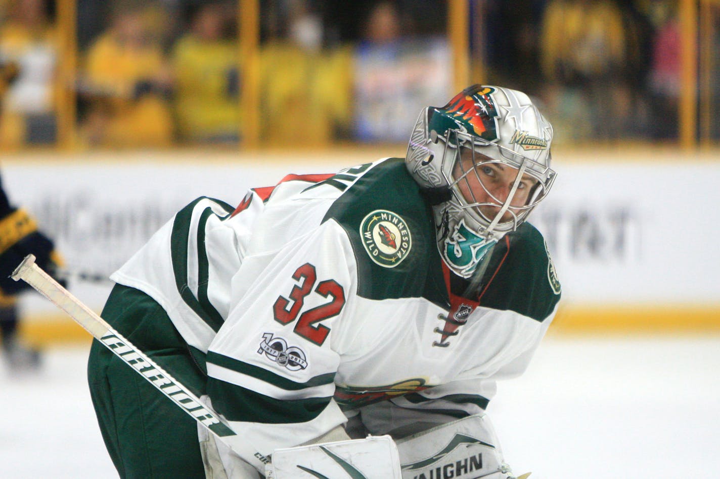 NASHVILLE, TN - APRIL 01: The artwork on the mask of Minnesota goalie Alex Stalock (32) is shown during the NHL game between the Nashville Predators and the Minnesota Wild, held on April 1, 2017, at Bridgestone Arena in Nashville, Tennessee. (Photo by Danny Murphy/Icon Sportswire) (Icon Sportswire via AP Images) ORG XMIT: 268400