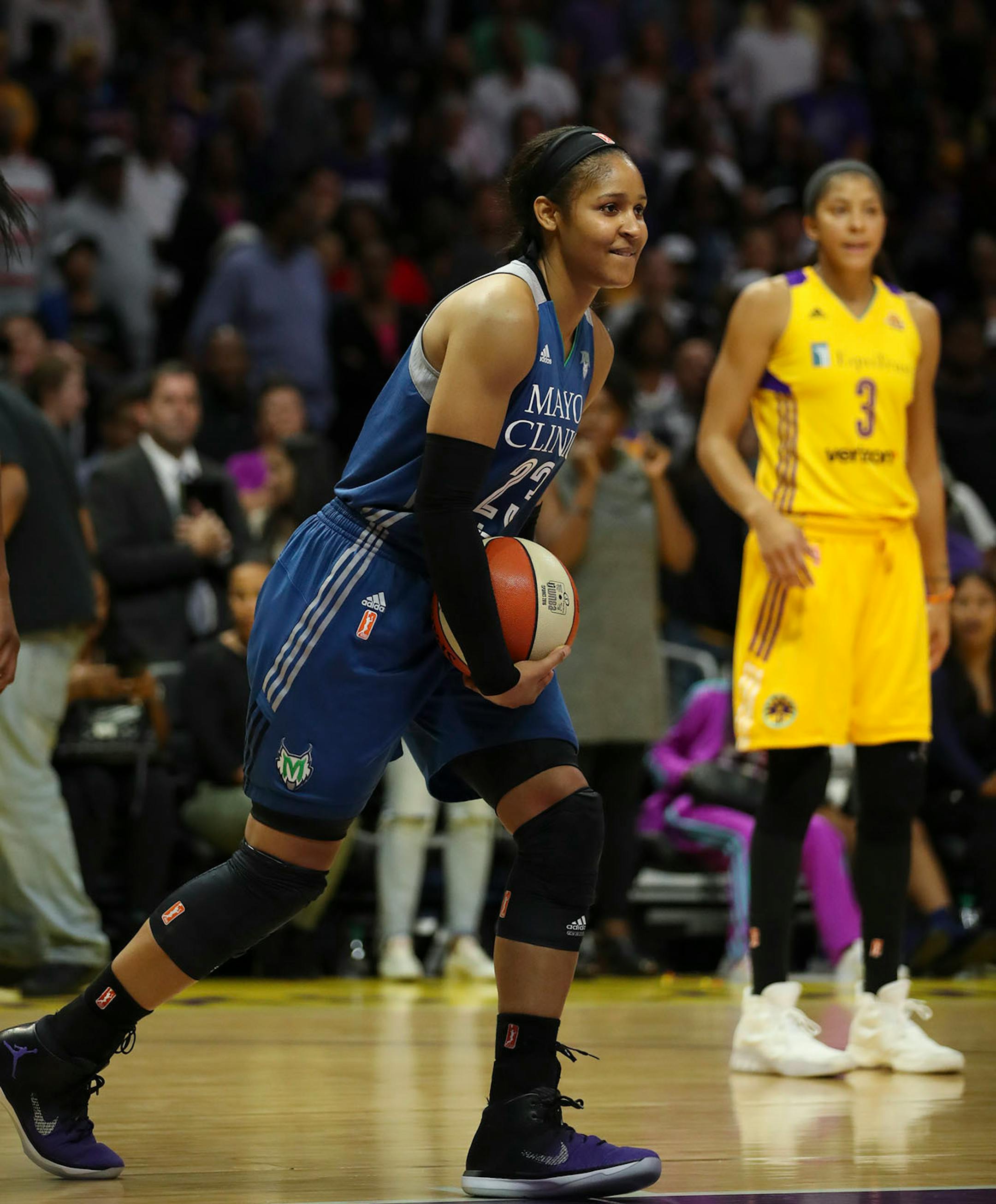 Minnesota Lynx forward Maya Moore (23) held the ball after she was fouled for the final time with just seconds left in the.