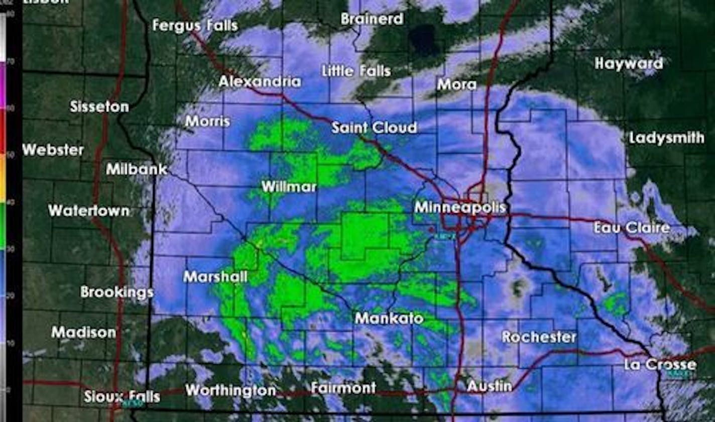 The weather radar showed lots of rain over Minnesota on Saturday morning.