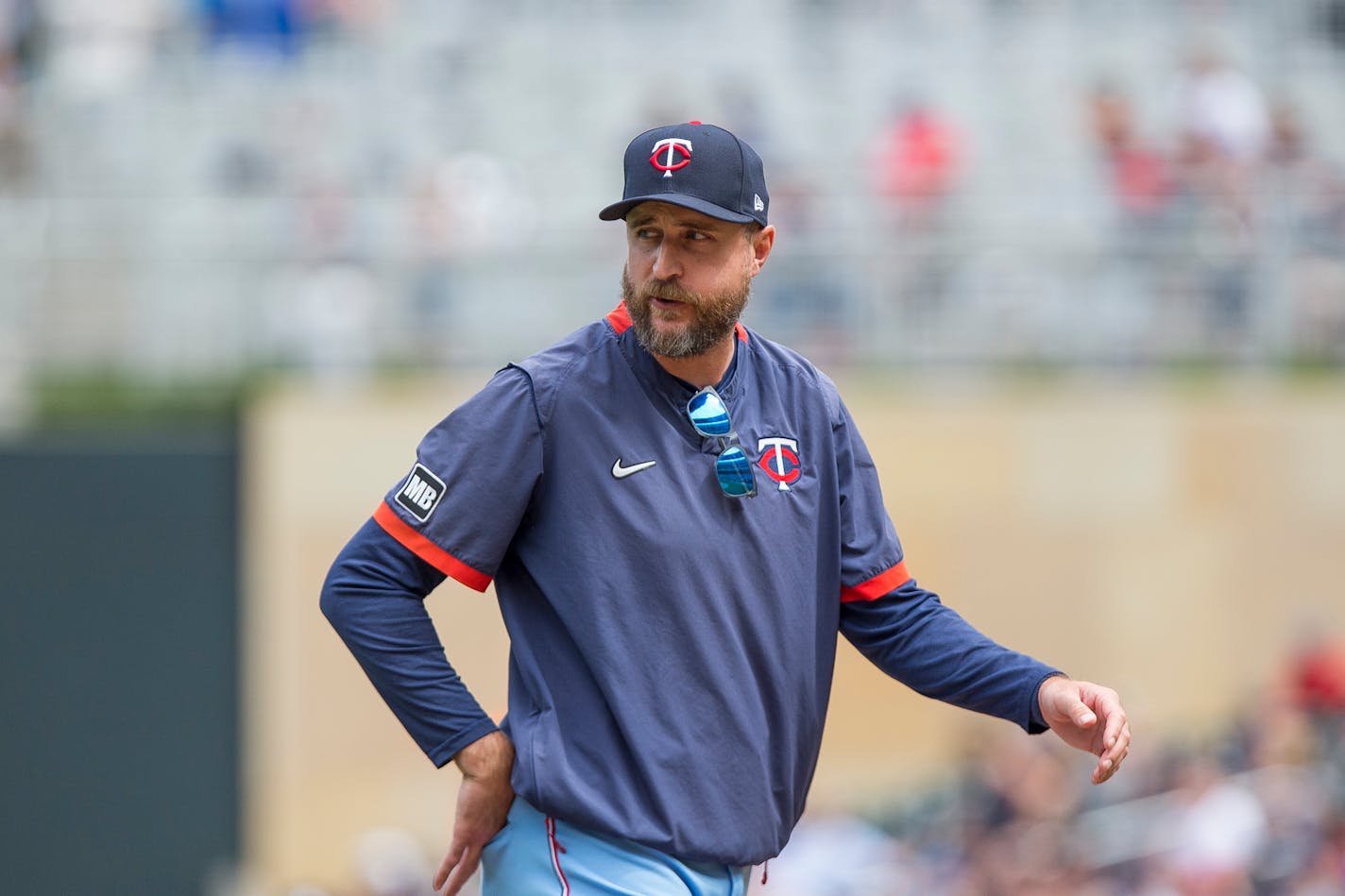 Minnesota Twins Rocco Baldelli talks with umpires against the Detroit Tigers during a baseball game, Saturday, July 10, 2021, in Minneapolis. (AP Photo/Andy Clayton-King)