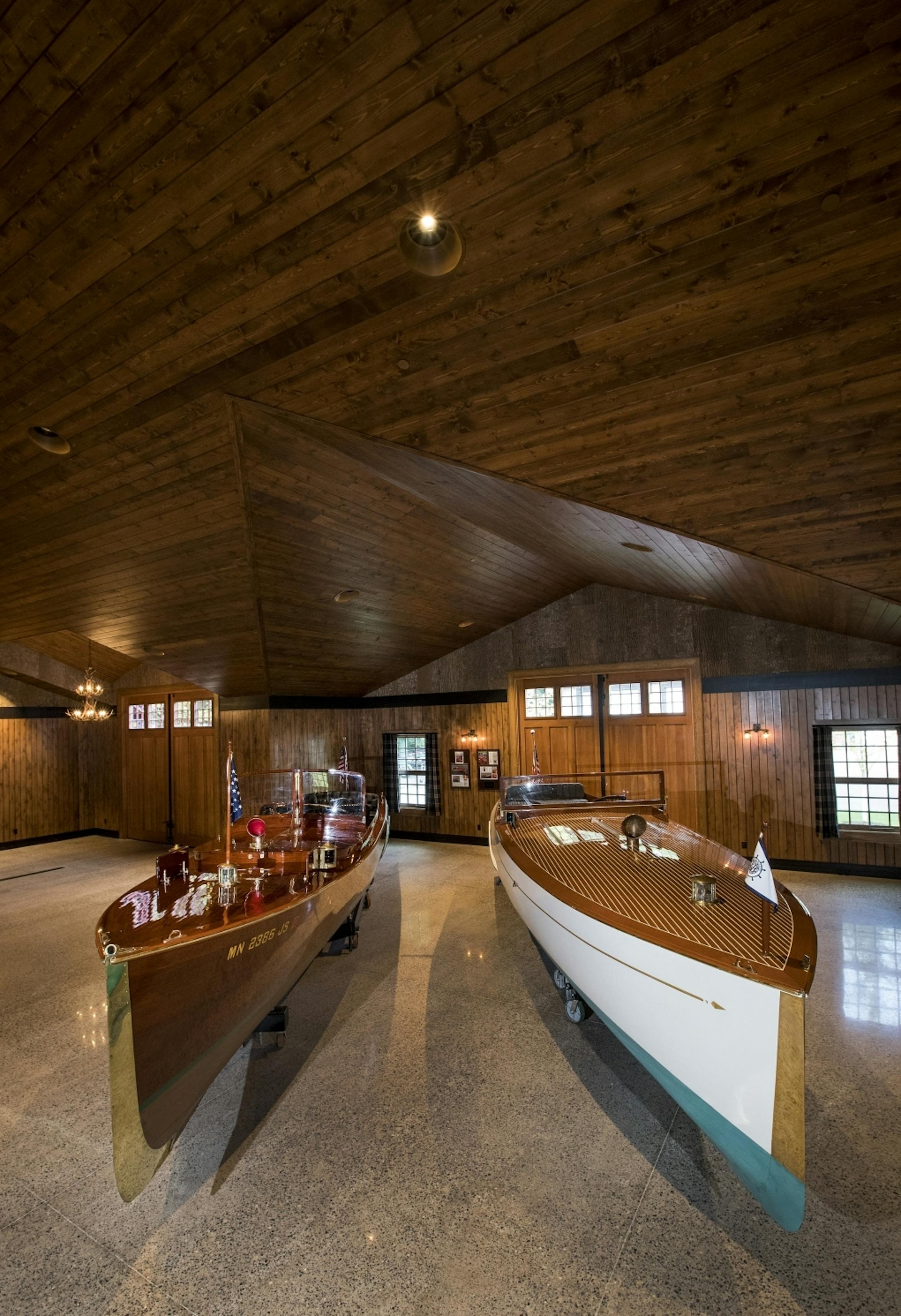 A Custom 1917 Consolidated Speedway 33-foot launch Chief Mackinaw. Prior to its purchase and restoration it spent almost 90-years in the Les Cheneaux Island off Mackinac Island in Northern Michigan. The boats are part of a collection belonging to John Allen.