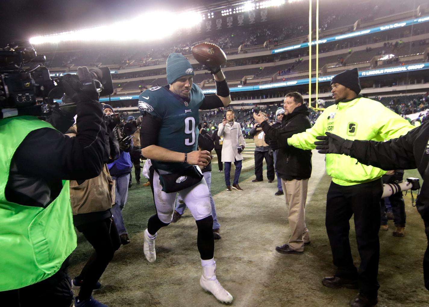 Eagles' quarterback Nick Foles celebrates after an NFL divisional playoff football game against the Falcons