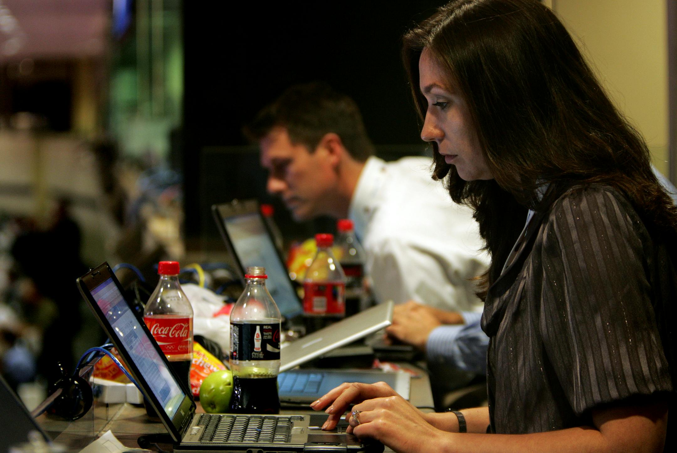 Amanda Carpenter, who blogs for Townhall.com, worked on "Bloggers Row" in the press box during the Republican National Convention at the Xcel Center.