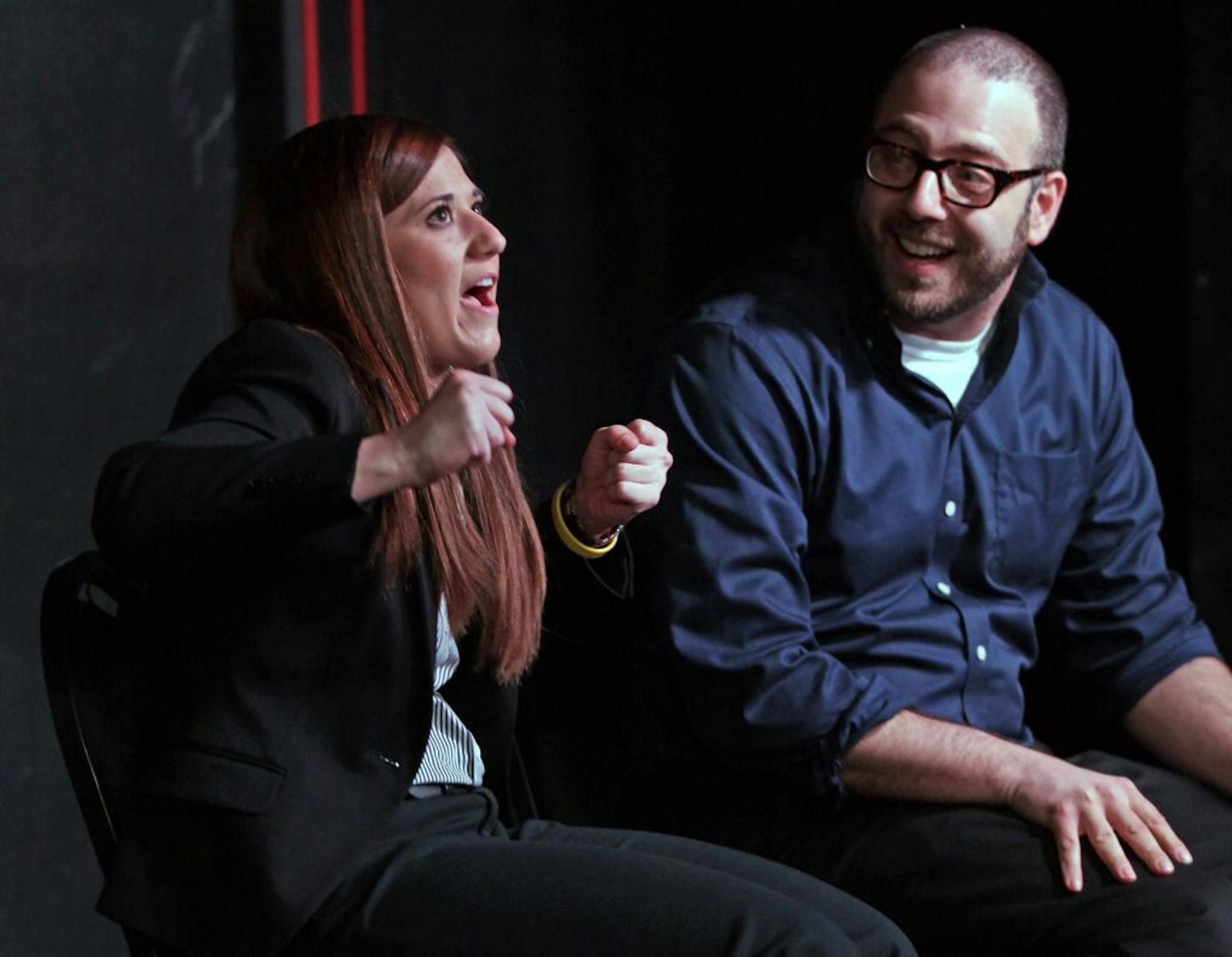 Major League Soccer sales trainee Emily Morris worked on an improv scene with Brave New Workshop instructor Mike Fotis during a workshop at the theater.