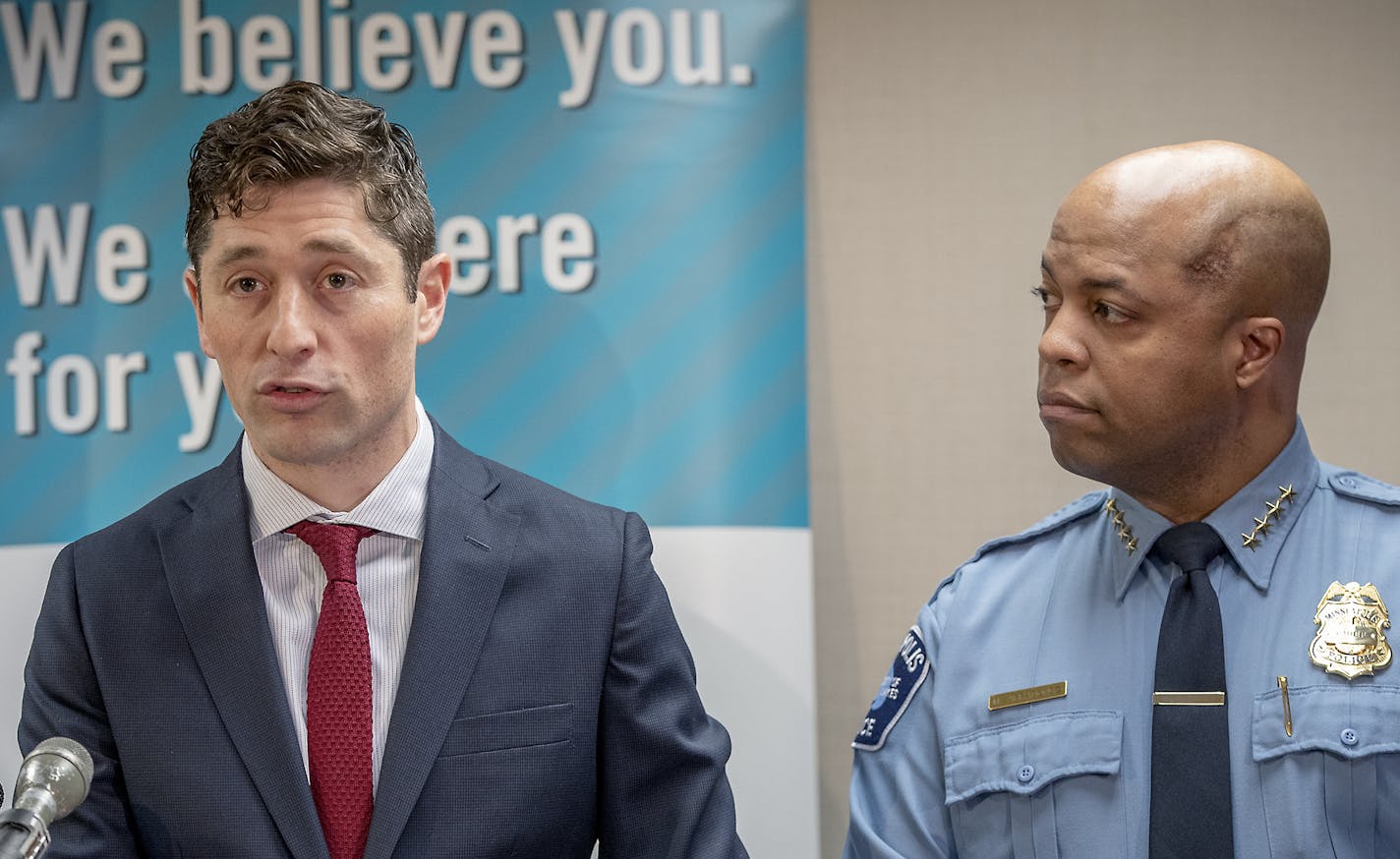 Minneapolis Mayor Jacob Frey and Minneapolis Police Chief Medaria Arradondo joined sexual assault advocates, survivors, and experts to roll out the Minneapolis Police Department's (MPD) sexual assault investigation policy at the Minnesota Sexual Violence Center during a press conference, Wednesday, April 3, 2019 in Minneapolis, MN. ] ELIZABETH FLORES &#x2022; liz.flores@startribune.com