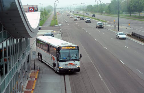 An MVTA Route 477 bus departs the Apple Valley Transit Station