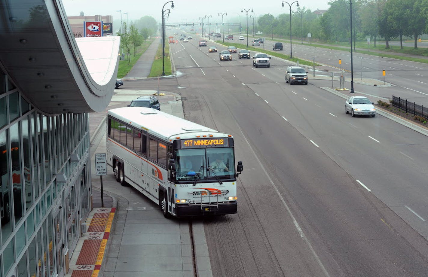 An MVTA Route 477 bus departs the Apple Valley Transit Station