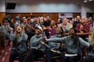 Gophers volleyball players (front, from left) Alexis Hart, Taylor Morgan, Stephanie Samedy and Adanna Rollins reacted to the news Sunday of being name