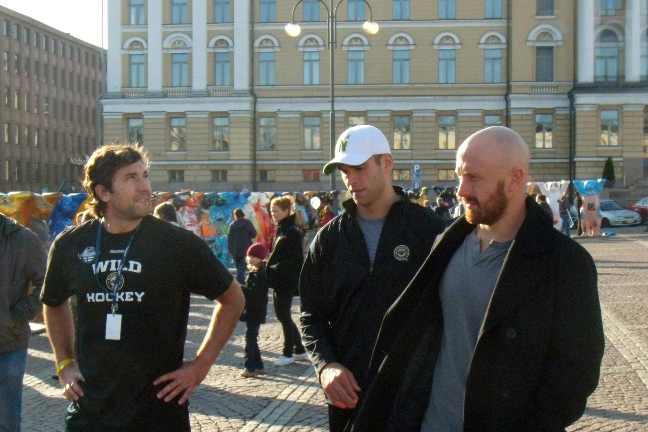 The Wild traveled to Finland in 2010, one of several international trips by local pro teams. Here, players Andrew Brunette, Drew Bagnall and Greg Zanon toured Helsinki. The Wild lost an exhibition game and the season opener.