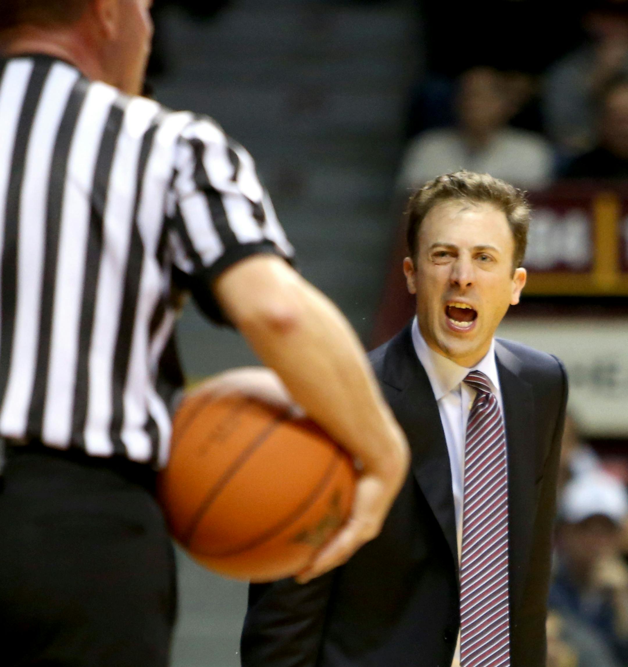 University of Minnesota coach Richard Pitino is displeased with the officiating during the second half of the Gophers 70-63 loss to the University of Indiana Saturday, Jan. 16, 2016, at Williams Arena in Minneapolis, MN. ](DAVID JOLES/STARTRIBUNE)djoles@startribune.com the University of Indiana versus the University of Minnesota