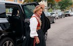 Queen Sonja of Norway arrives at Den Norske Lutherske Mindekirke, the Norwegian Lutheran Memorial Church in Minneapolis, Sunday Oct. 16, 2022. (AP Pho