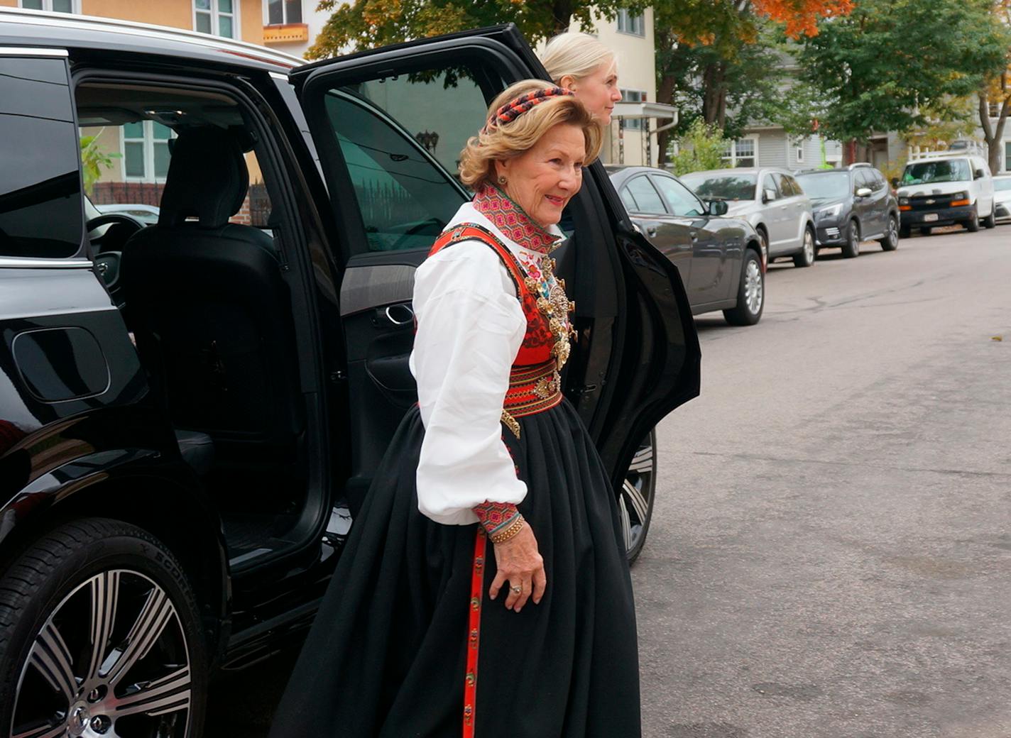 Queen Sonja of Norway arrives at Den Norske Lutherske Mindekirke, the Norwegian Lutheran Memorial Church in Minneapolis, Sunday Oct. 16, 2022. (AP Photo/Giovanna Dell'Orto)