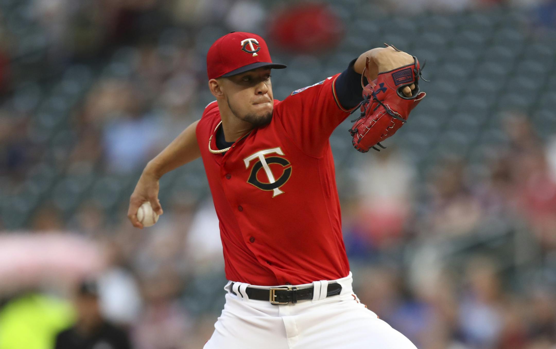 Minnesota Twins starting pitcher Jose Berrios throwing against Chicago in the first inning. ] JEFF WHEELER • jeff.wheeler@startribune.com The Minnesota Twins faced the Chicago White Sox in an MLB baseball game Monday night, September 16, 2019 at Target Field in Minneapolis.