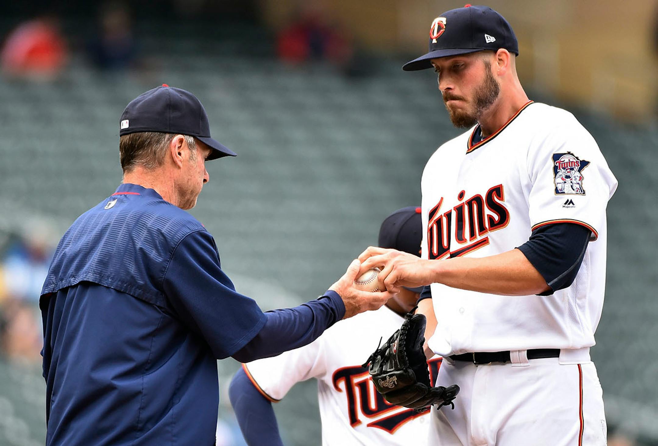 Minnesota Twins starting pitcher Nik Turley is taken out of the baseball game against the Chicago White Sox by Twins manager Paul Molitor during the first inning Thursday, June 22, 2017, in Minneapolis. (AP Photo/John Autey)