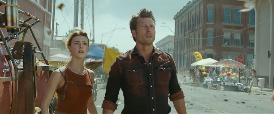 Glen Powell and Daisy Edgar-Jones in  "Twisters." (Universal Pictures via AP)