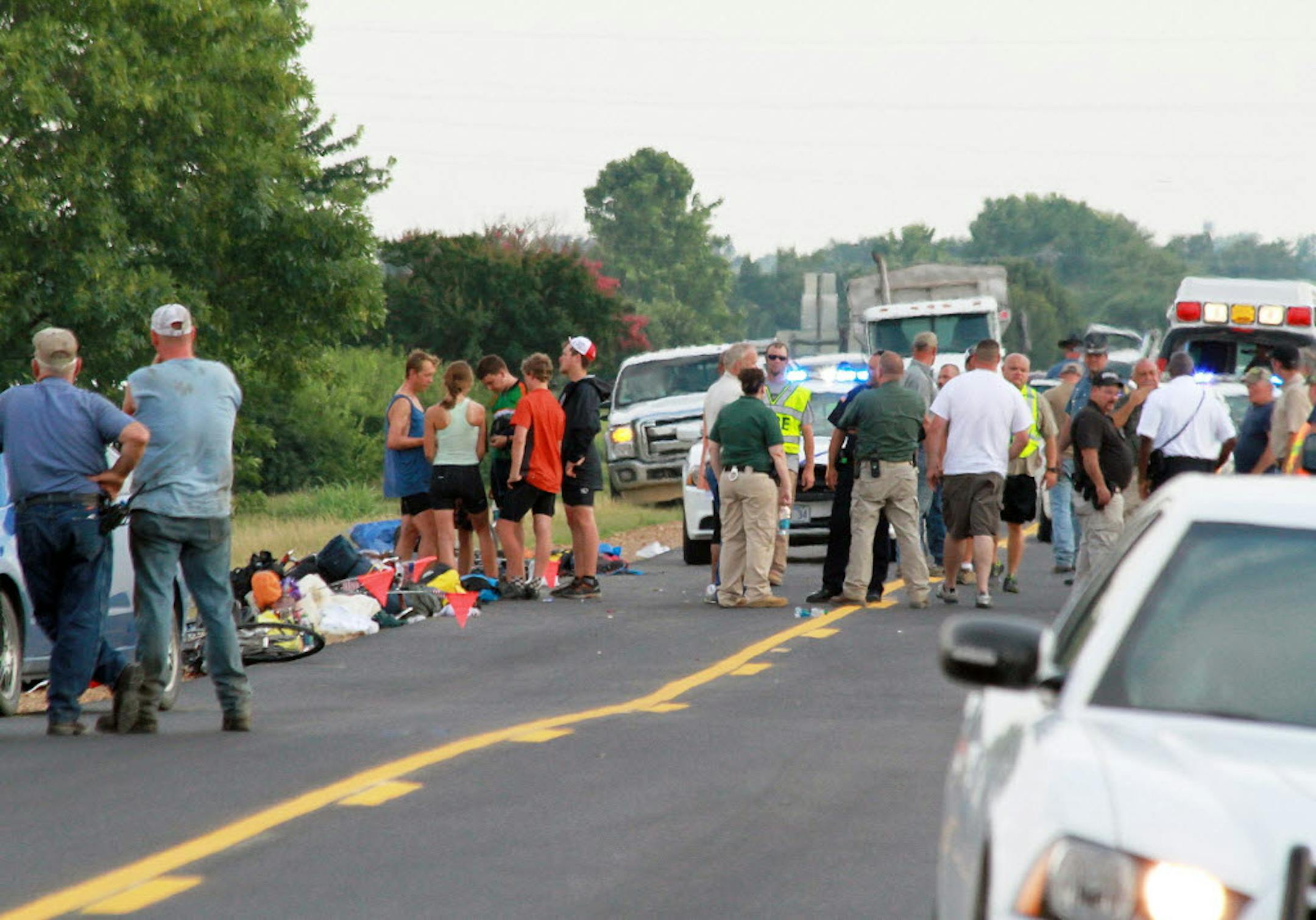 The scene of an accident in McCrory, Ark., after an a car crashed into a group of bicyclists from a Massachusetts-based summer camp program on a cross-country trip.
