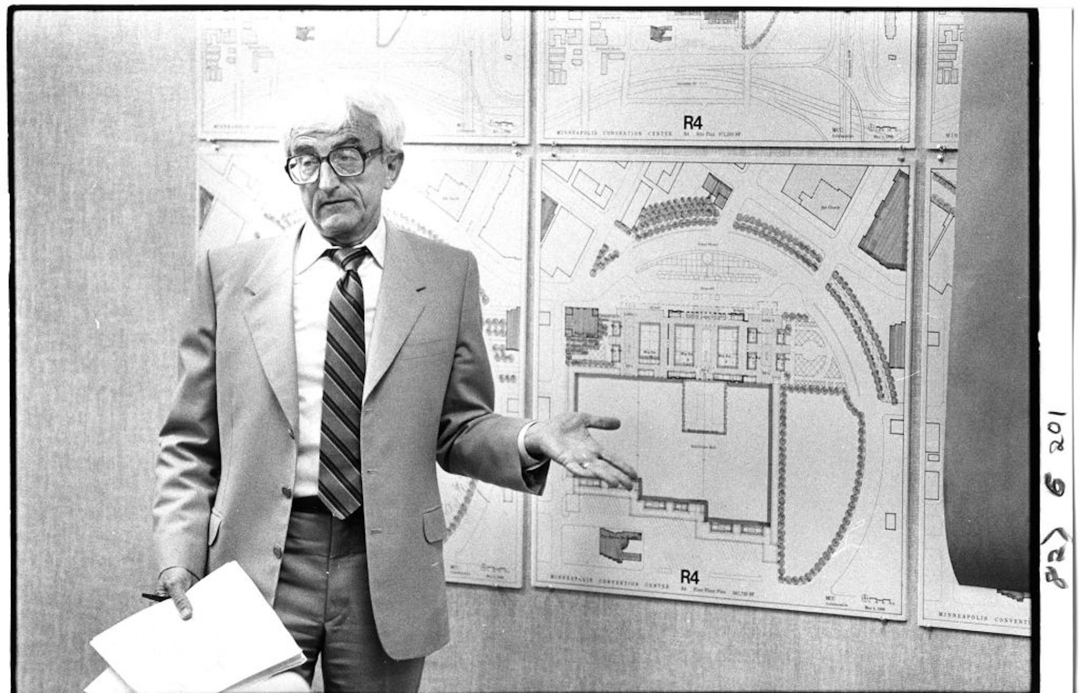 Architect Leonard Parker with his design for the Minneapolis Convention Center.