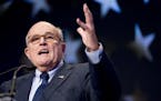 FILE- In this May 5, 2018, file photo, Rudy Giuliani, an attorney for President Donald Trump, speaks at the Iran Freedom Convention for Human Rights a