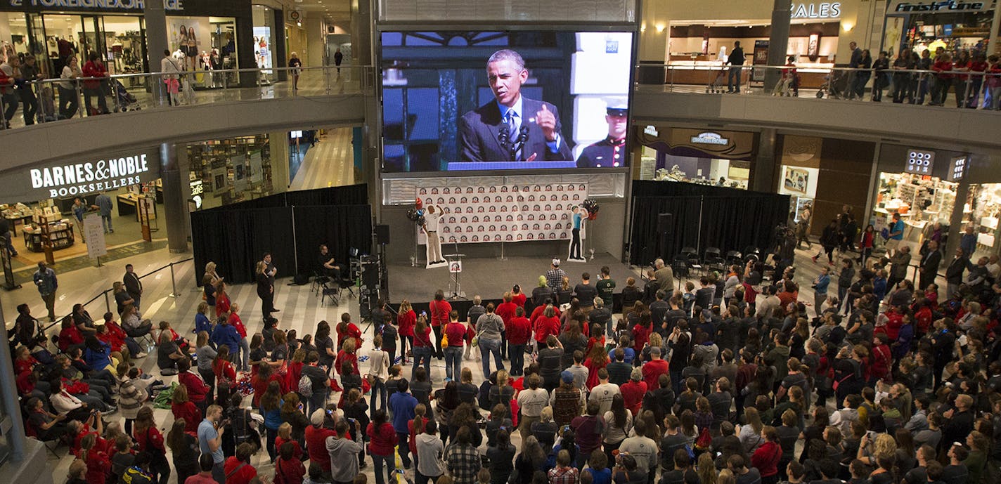 President Barak Obama spoke to the new class of Minnesota AmeriCorps members in live stream after they pledged to &#x201c;get things done for America&#x201d; at Mall of America on Friday, Sept. 12, 2014, in Bloomington, Minn., as part of a nationwide ceremony to mark AmeriCorps&#x2019; 20th anniversary. ] RENEE JONES SCHNEIDER &#x2022; reneejones@startribune.com ORG XMIT: MIN1409121443270601