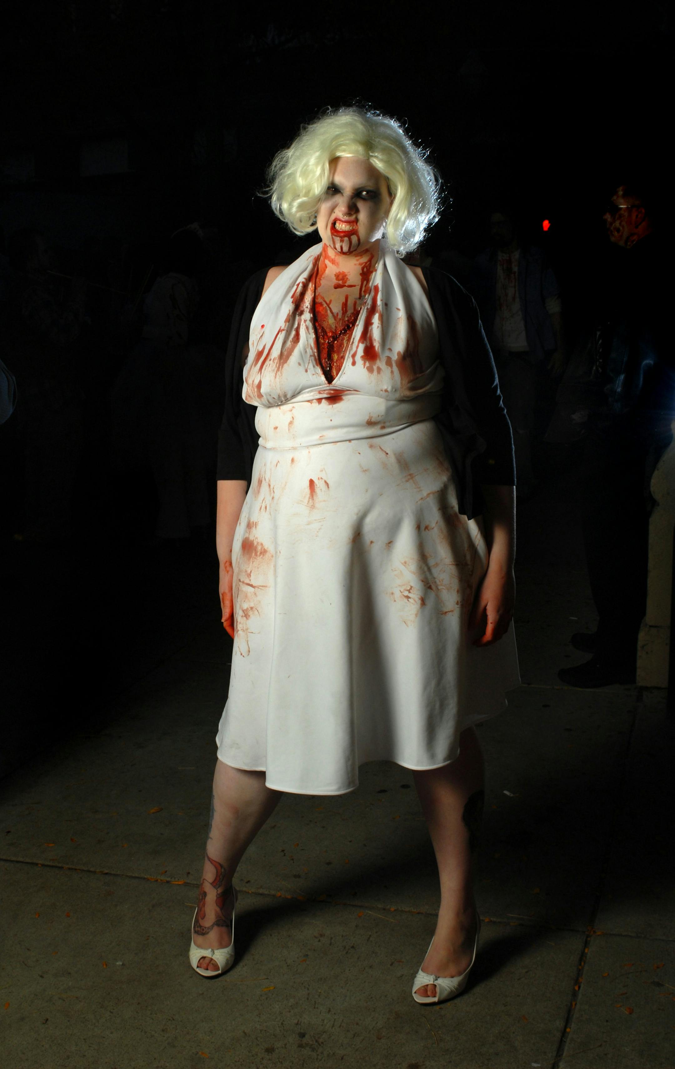 Lara Shrode dresses up as a zombie Marilyn Monroe on Saturday, Oct. 18, 2008, during the 2008 Zombie Pub Crawl in Minneapolis.
