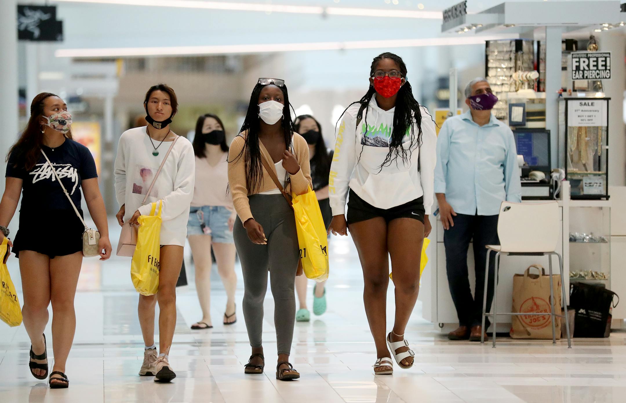 The MOA opened again this month for the first time since mid-March, where most shoppers wore face masks Wednesday, June 10, 2020, in Bloomington, MN.] DAVID JOLES • david.joles@startribune.com Many small businesses such as fitness centers, bowling alleys and movie theaters are being allowed to open Wednesday with limited capacity as Minnesota begins to loosen gathering restrictions due to COVID-19. On the other end of the spectrum, Mall of America also reopens Wednesday for the first time since