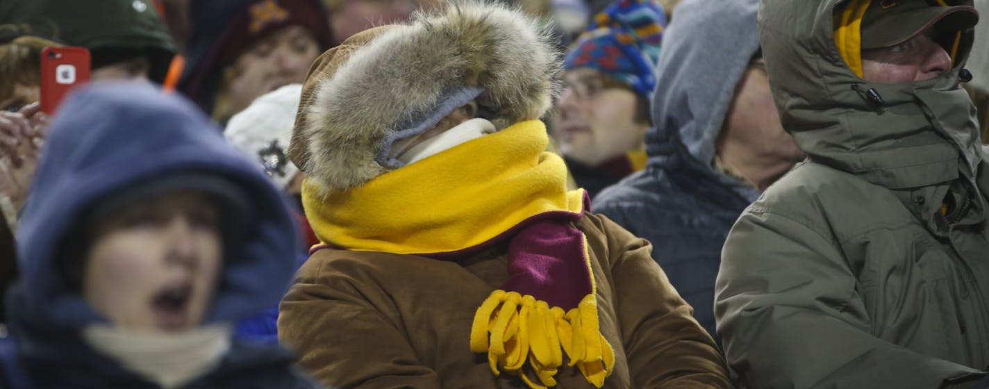 A fan kept almost every inch covered during the Minnesota Gophers men's hockey vs. Ohio State Hockey City Classic game outdoors at TCF Bank Stadium on Friday, January 17, 2014. ] (RENEE JONES SCHNEIDER reneejones@startribune.com)