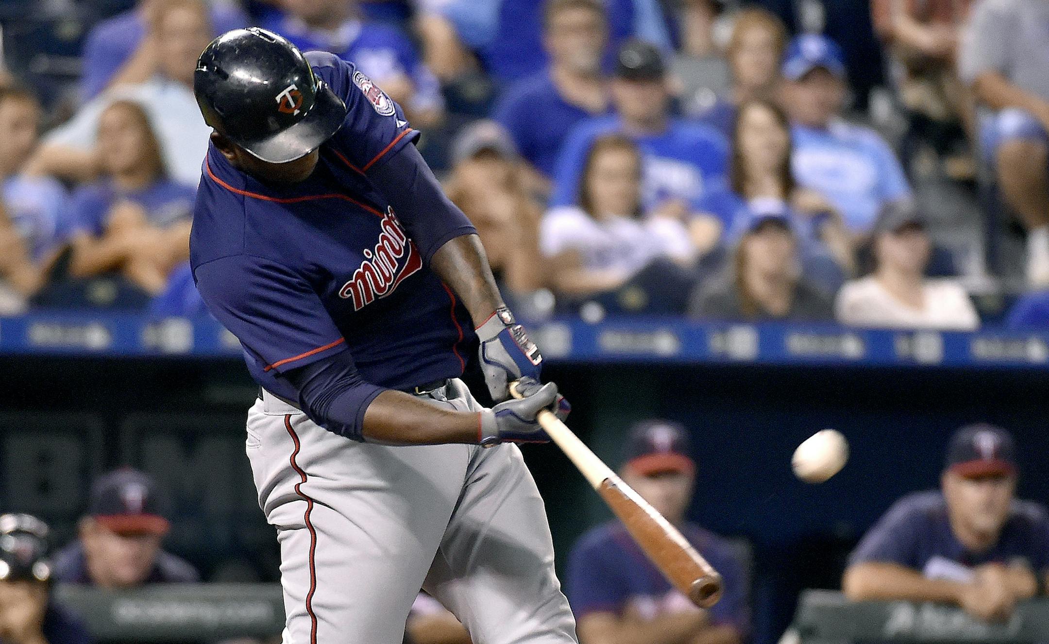 The Minnesota Twins' Miguel Sano connects on a solo home run in the 12th inning against the Kansas City Royals on Wednesday, Sept. 9, 2015, at Kauffman Stadium in Kansas City, Mo. (John Sleezer/Kansas City Star/TNS)