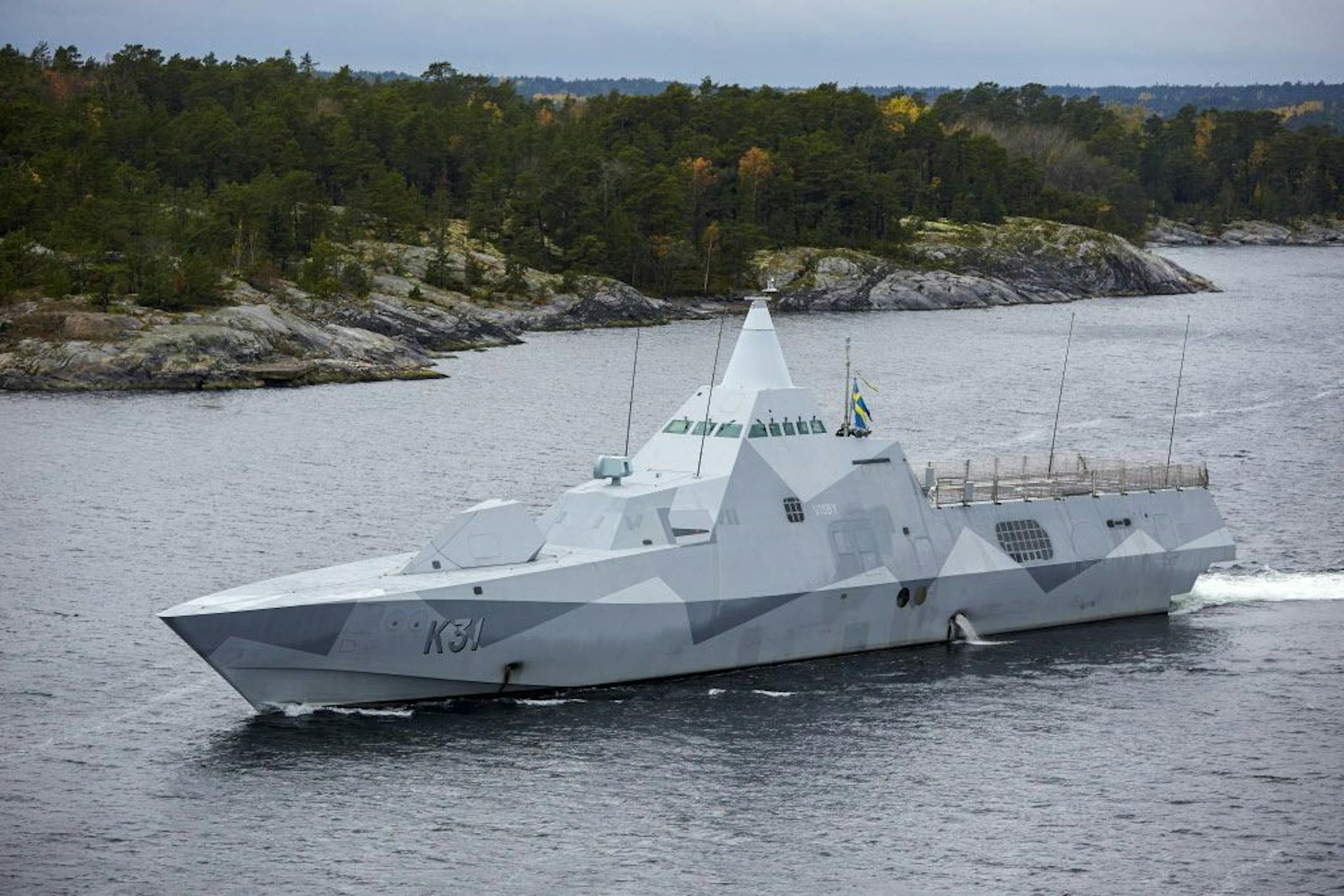 Swedish navy corvette HMS Visby patrols in the Stockholm Archipelago, Sweden, Sunday Oct. 19 2014.