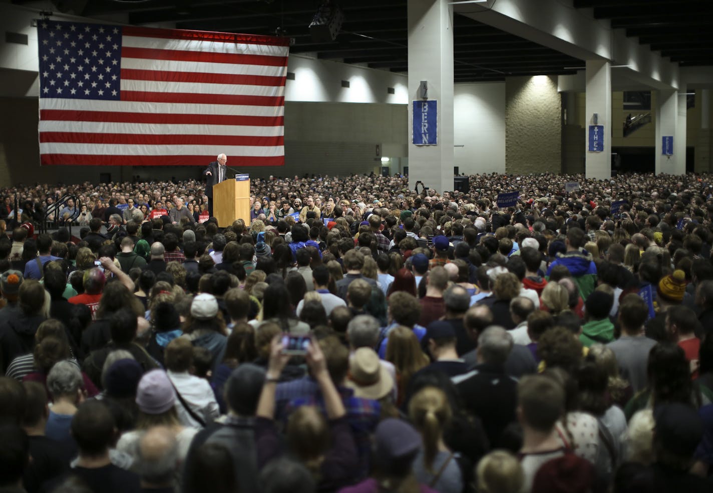 Bernie Sanders spoke to an exhibition hall packed with supporters Tuesday night in St. Paul. ] JEFF WHEELER &#xef; jeff.wheeler@startribune.com Democratic presidential candidate Sen. Bernie Sanders made a campaign stop in St. Paul for a rally at RiverCentre Tuesday night, January 26, 2016.