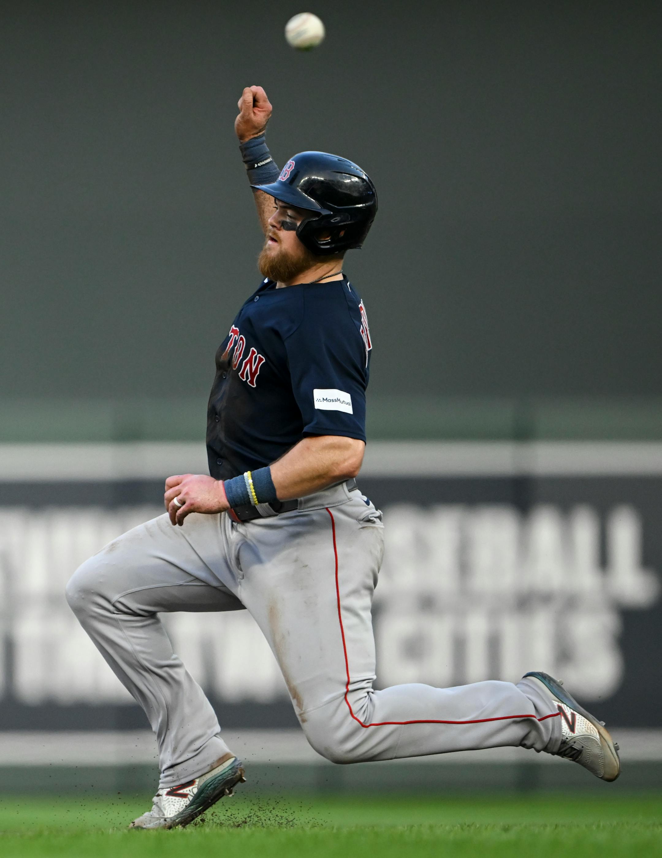 The ball flies over the head of Boston Red Sox second baseman Christian Arroyo (39) as he's caught stealing second base in the top of the 6th inning Wednesday, June 21, 2023, at Target Field in Minneapolis, Minn.