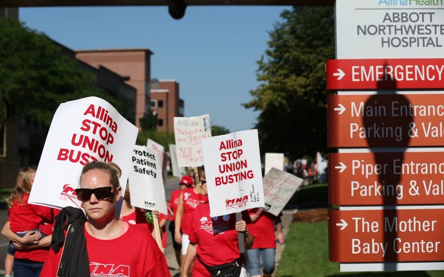 Thousands of nurses walked around Abbott Northwestern on the first day of the strike Sunday June 19, 2016 in Minneapolis. Nurses were called back to work Sunday without incident.