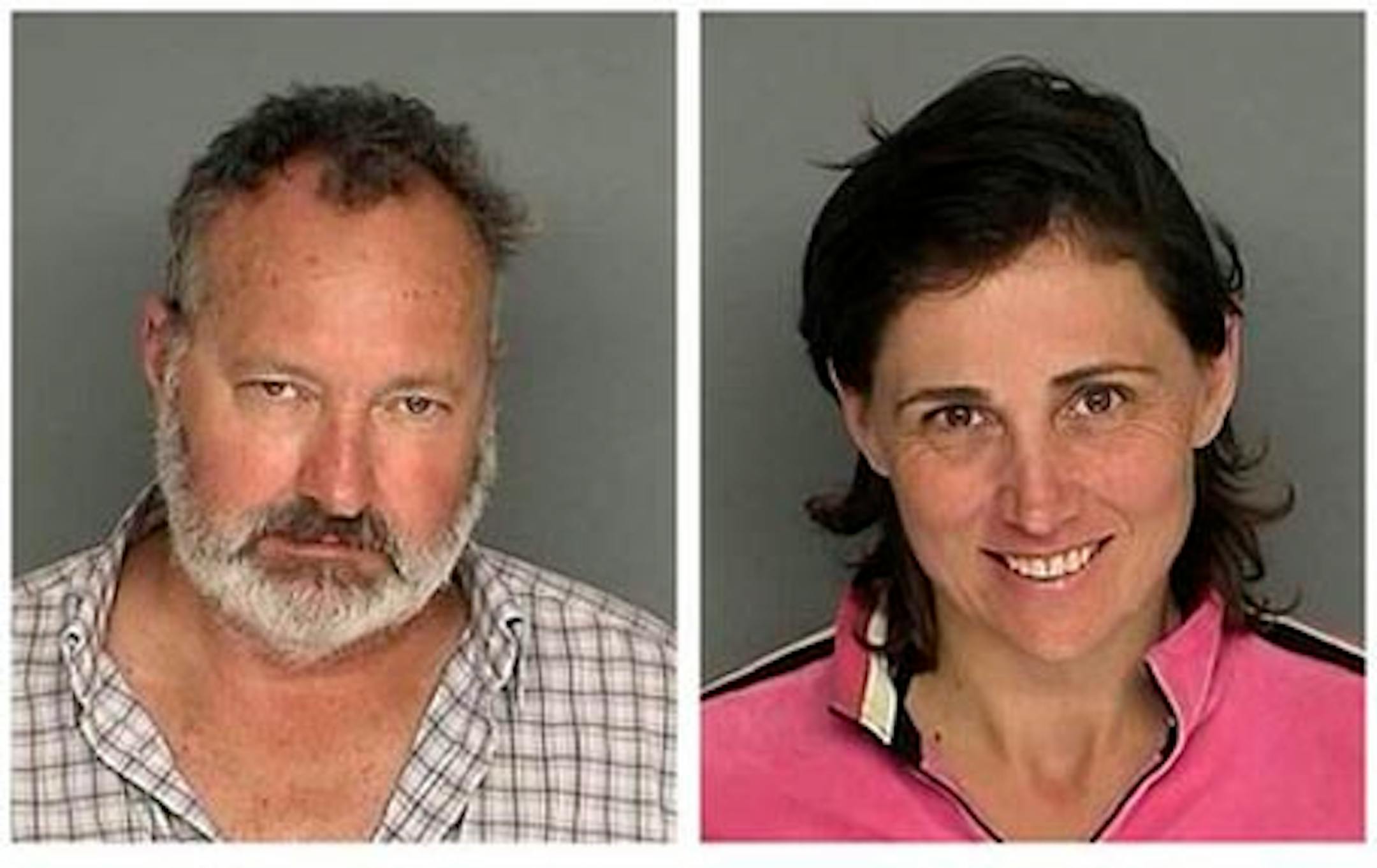 FILE - In these Sept. 18, 2010 file images originally provided by the Santa Barbara County Sheriff's Office, actor Randy Quaid and his wife Evi Quaid, are shown after their Saturday Sept. 18, 2010 arrest on charges of felony residential burglary and entering a non-commercial building without consent. A prosecutor says Randy Quaid and his wife have failed to show up at a court hearing stemming from their arrests last month on suspicion of illegally squatting at a home. Santa Barbara Senior Deputy District Attorney Lee Carter says a judge issued $50,000 warrants for the couple after they failed to appear for an arraignment on felony vandalism charges. Carter says the couple's case will be called again on Oct. 26. (AP Photo/Santa Barbara County Sheriff)