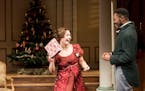 Mary Bennet (Christian Bardin, left) tackles both gift-giving and romance -- with, perhaps, Arthur de Bourgh (JuCoby Johnson, right) -- in "Miss Benne