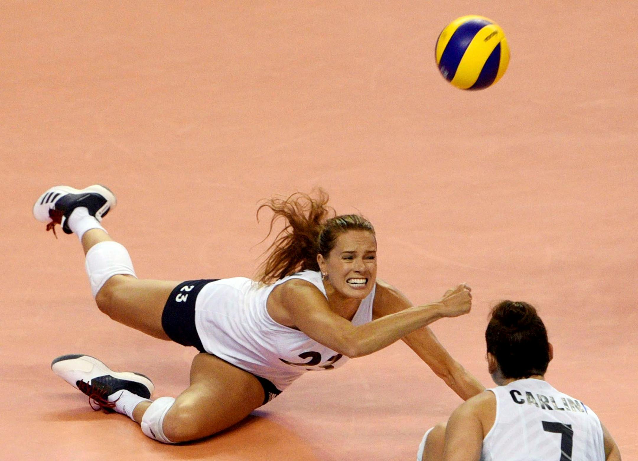 The United States' Kelsey Robinson dove to keep the ball alive against Bulgaria on Saturday during the second of three Olympic qualifying matches in in Bossier City, La. , in the second of three matches in Olympic qualifying. The Americans, led by several players with Minnesota and/or Gophers ties, secured their berth in the 2020 Tokyo Olympics by beating Argentina in straight sets Sunday.