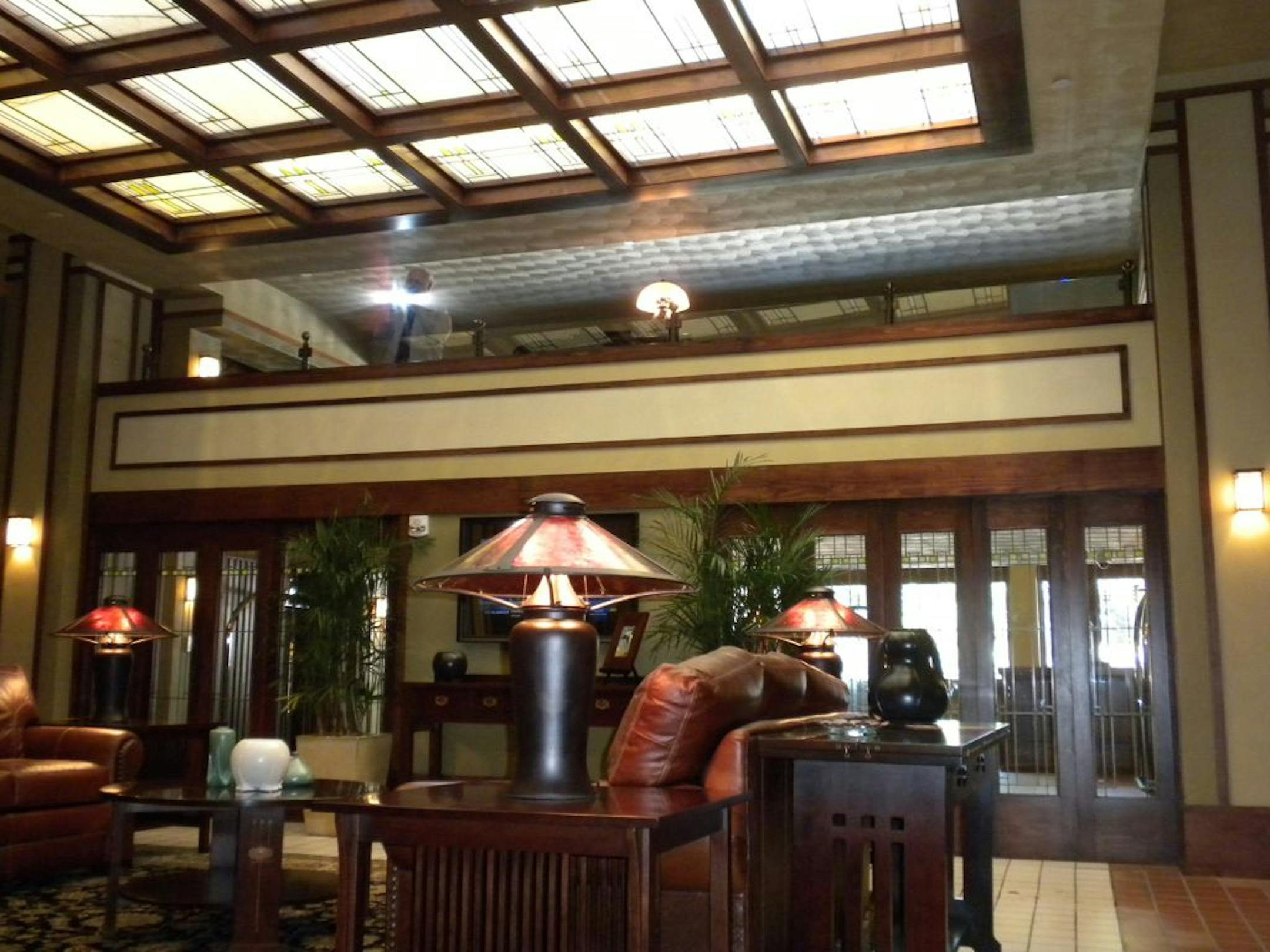 The Skylight Room in the Frank Lloyd Wright-designed Historic Park Inn Hotel in Mason City, Iowa.