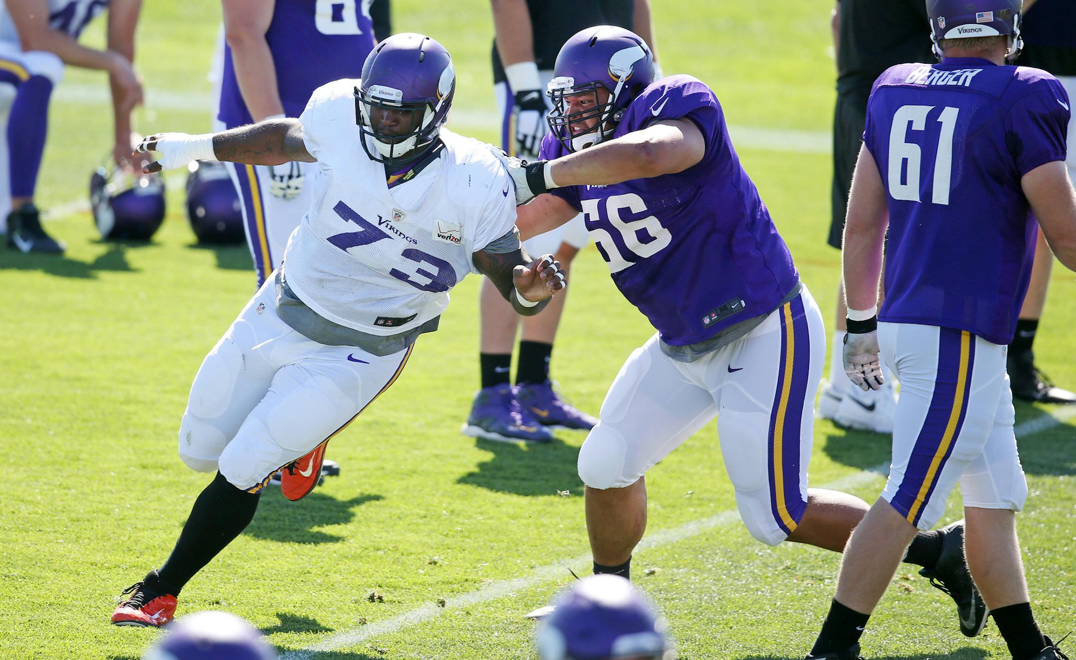 Sharrif Floyd left and David Yankey worked on drills during Vikings training camp at Minnesota State University Mankato Wednesday July 29, 2015 in Mankato, MN. ] Jerry Holt/ Jerry.Holt@Startribune.com