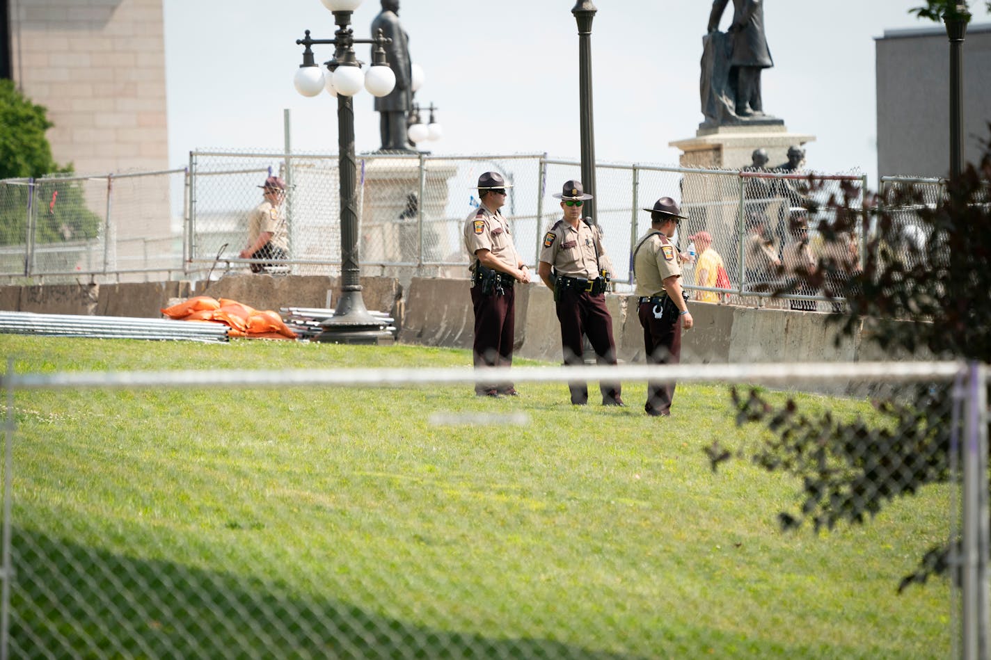 Extra security surrounded the State Capitol during a protest against Line 3 and other pipeline projects at the State Capitol in St. Paul, Minn., on Wednesday, August 25, 2021.