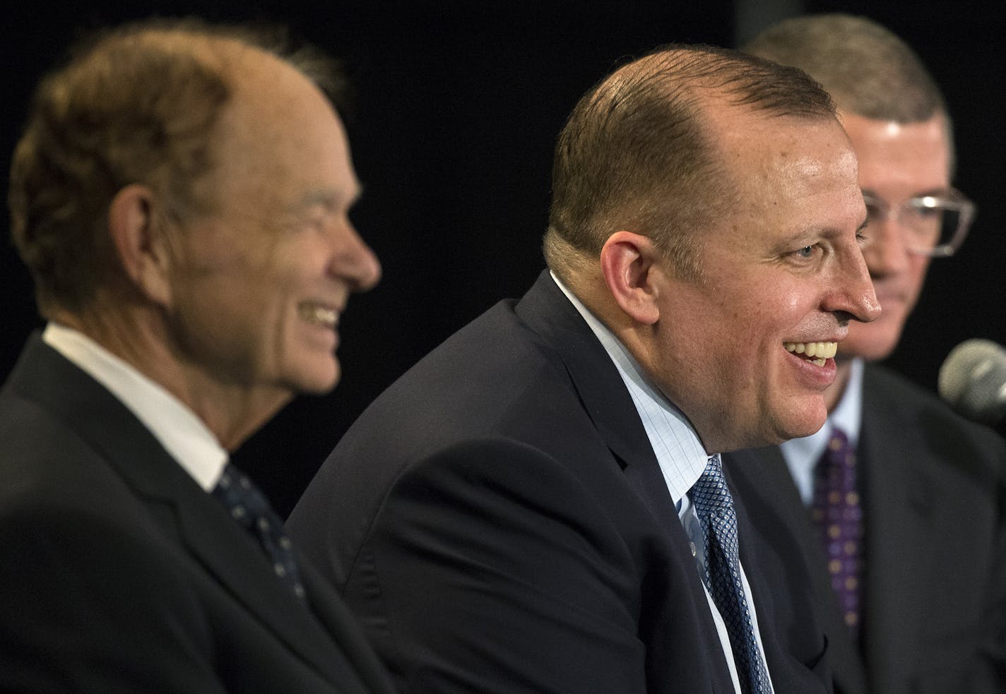 Minnesota Timberwolves owner Glen Taylor, President of Basketball Operations and Head Coach Tom Thibodeau, and General Manager Scott Layden during a press conference at Target Center. ] CARLOS GONZALEZ cgonzalez@startribune.com - April 26, 2016, Minneapolis, MN, Target Center, NBA, Minnesota Timberwolves Press conference to announce Tom Thibodeau as coach General Manager Scott Layden President of Basketball Operations and Head Coach Tom Thibodeau Timberwolves Owner Glen Taylor